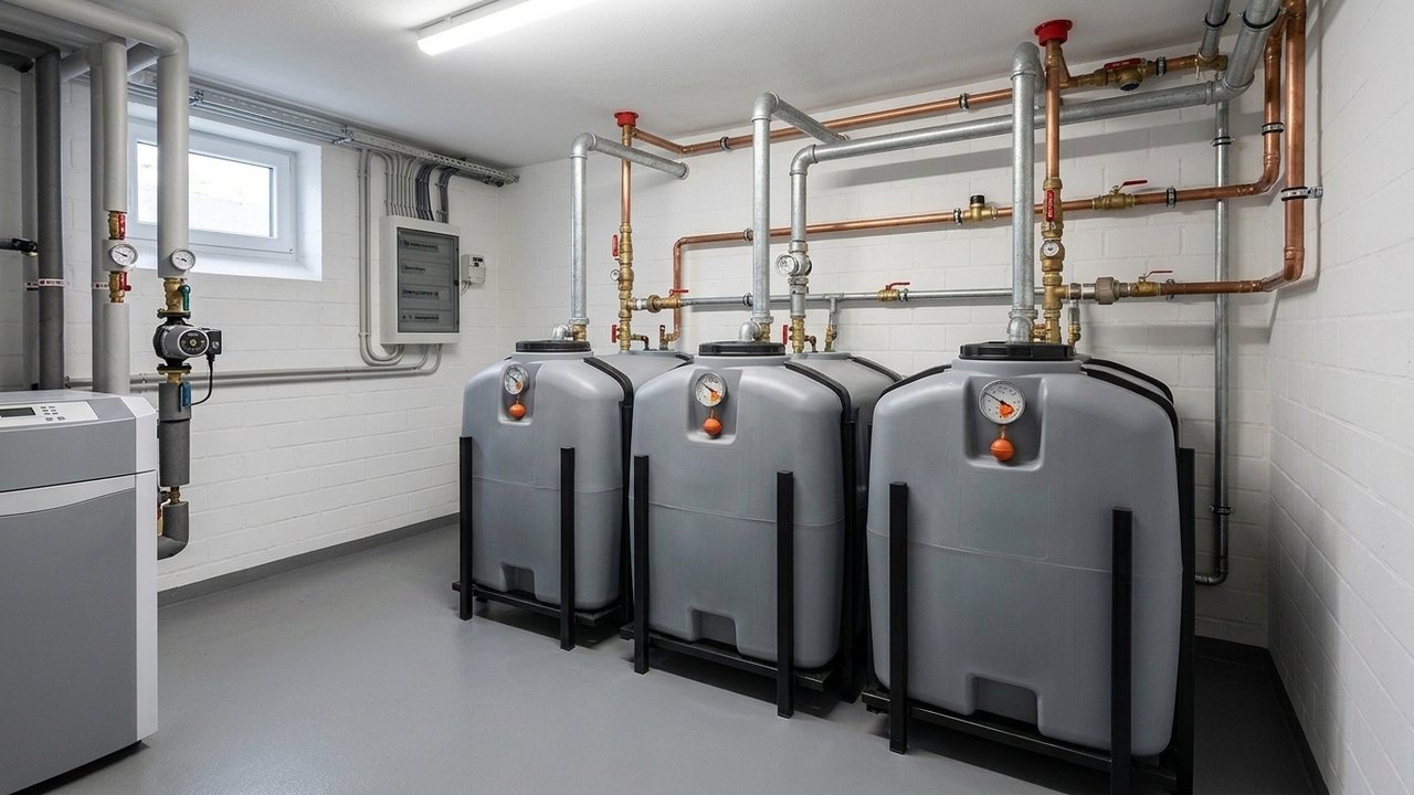 Moderne Batterie-Heizöltanks aus doppelwandigem Kunststoff in einem gepflegten Keller