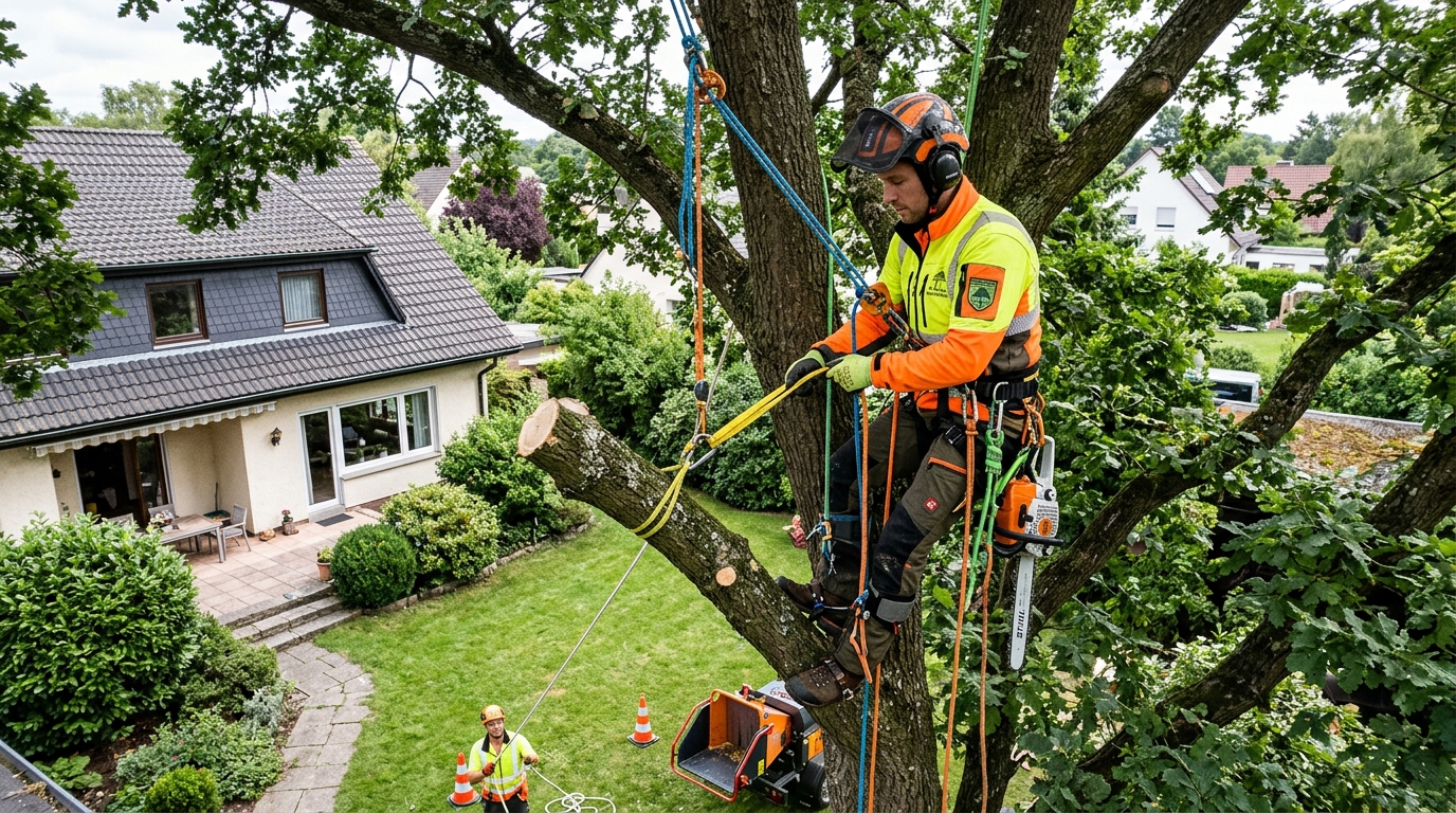 Zertifizierter Baumpfleger bei der stückweisen Abtragung eines Baumes per Seilklettertechnik im Garten