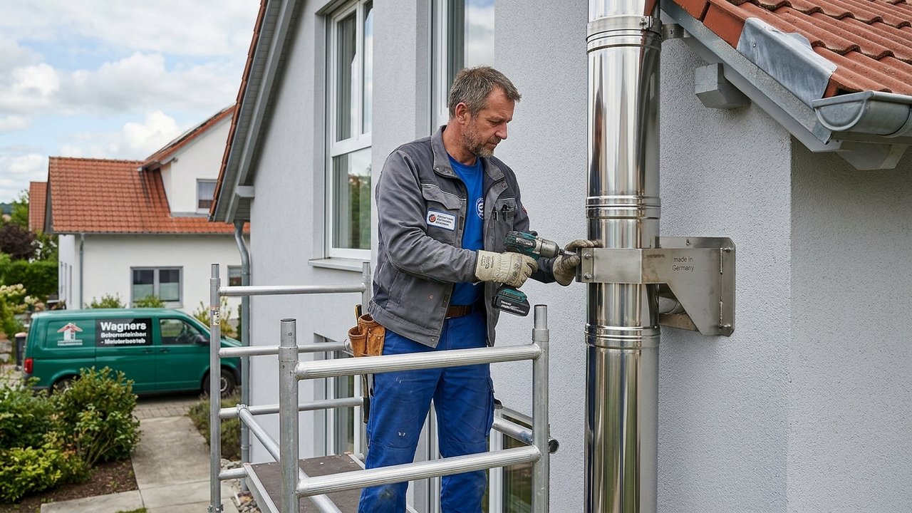 Fachhandwerker montiert einen doppelwandigen Edelstahlschornstein mit Wandhaltern an der Außenwand eines Einfamilienhauses