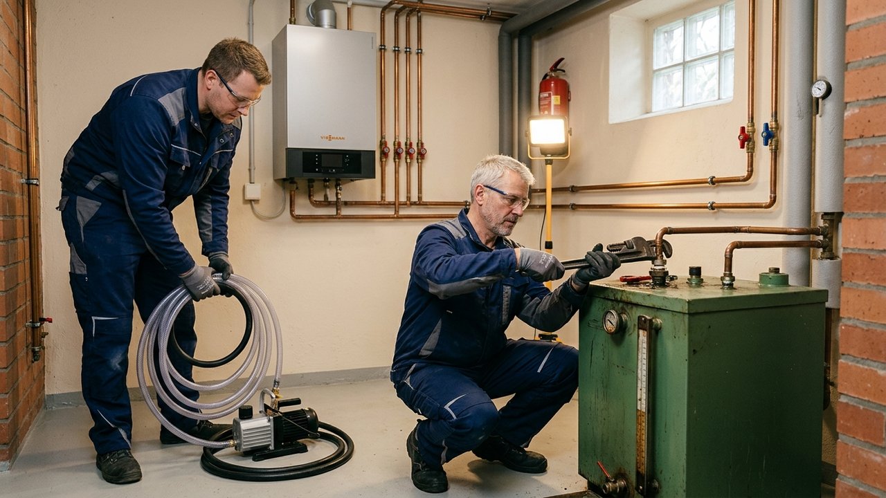 Fachhandwerker bei der Vorbereitung zur Demontage und Stilllegung eines Heizöltanks