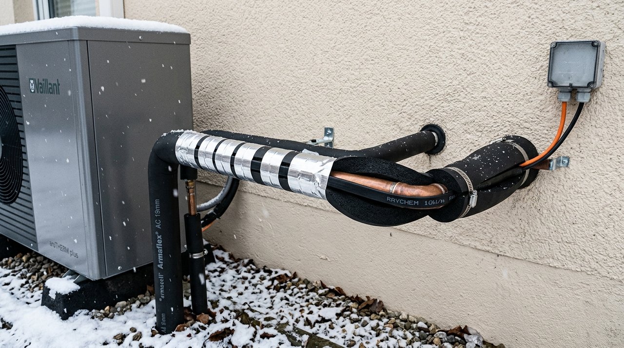Rohrbegleitheizung mit Aluklebeband und Dämmschale an einer Wärmepumpen-Leitung