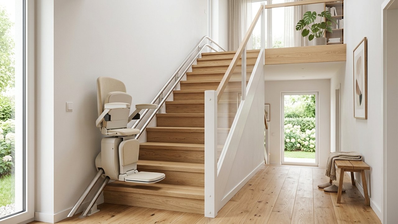 Eleganter Sitzlift auf gerader Holztreppe in einem hellen Flur