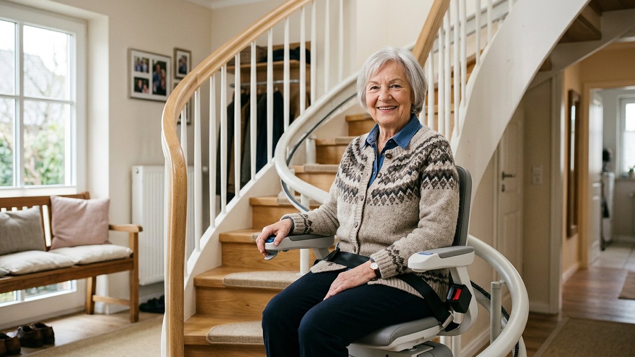 Zufriedene Seniorin sitzt sicher angeschnallt auf einem kurvigen Treppenlift im Haus