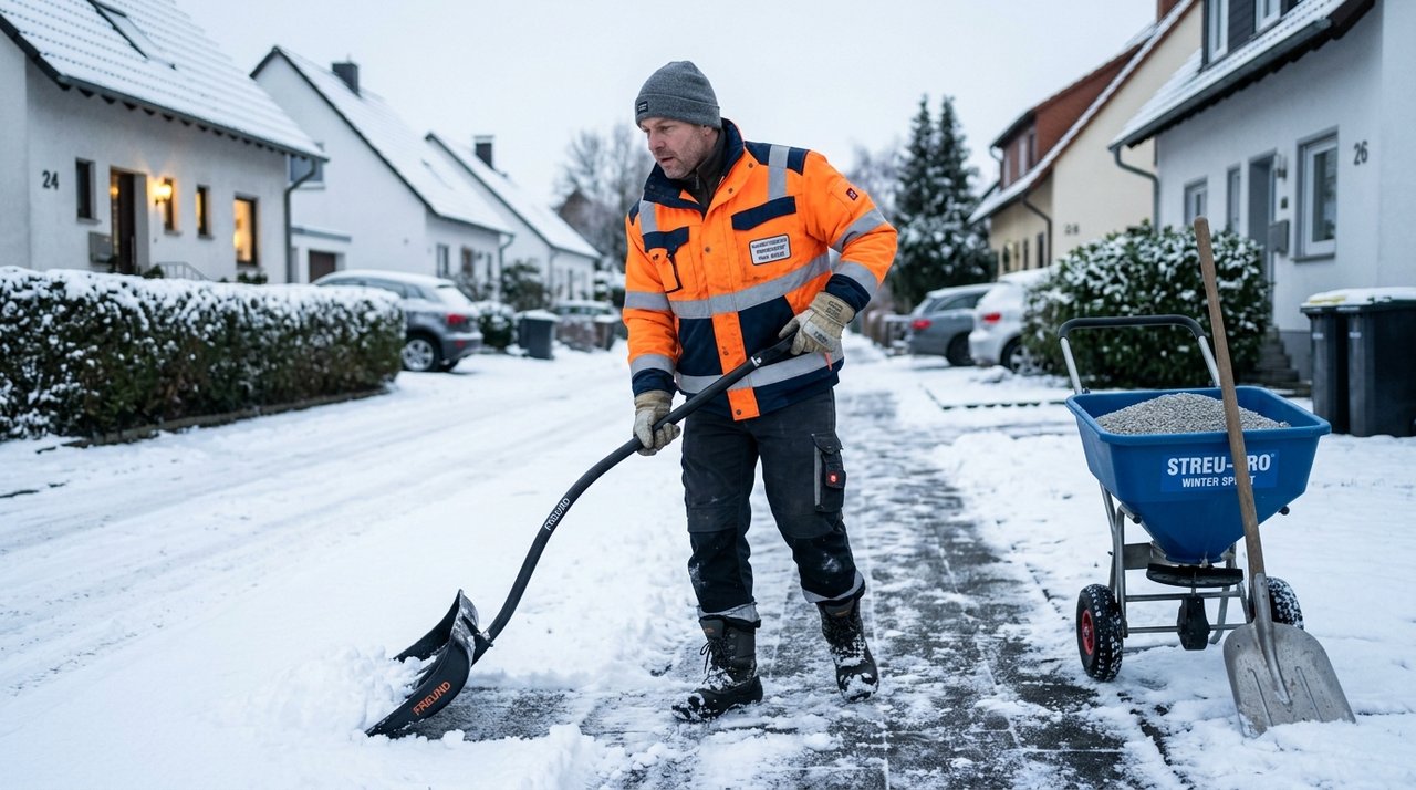 Professioneller Winterdienst beim manuellen Schneeräumen eines Gehwegs mit Streuwagen