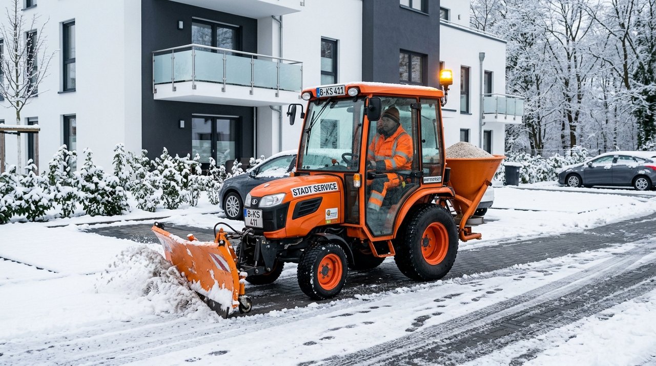 Kompakter Winterdienst-Traktor mit Schneeschild beim Räumen einer Wohnhauszufahrt