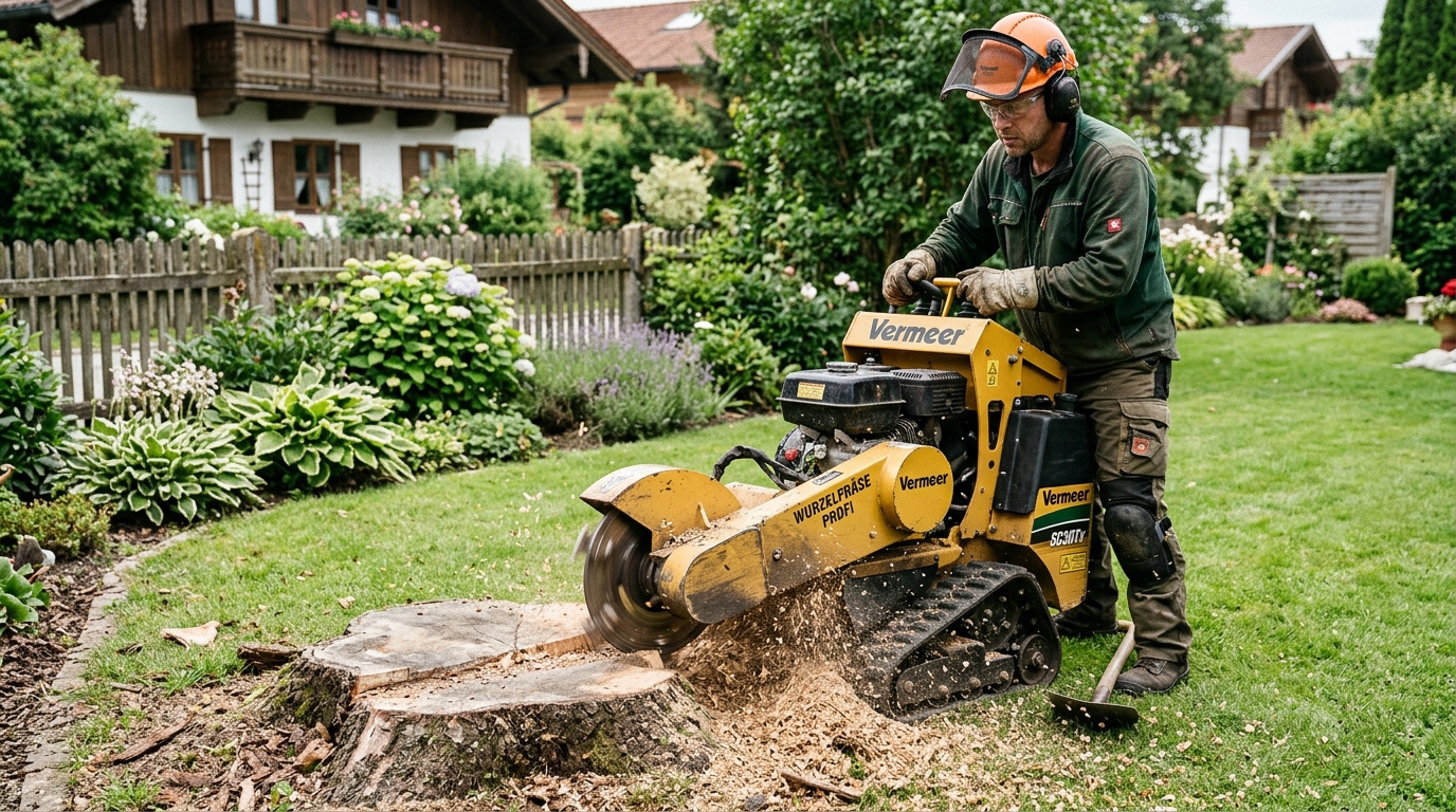 Kompakte Wurzelfräse beim Zerspanen eines dicken Baumstumpfs auf einem Rasengrundstück